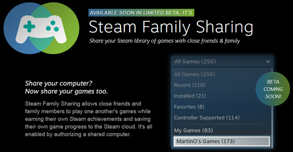 分享自己的游戏,Steam推出家庭游戏共享计划
